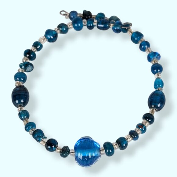 (2/$20) Blue Glass Beaded Memory Wire Bracelet - Picture 3 of 4